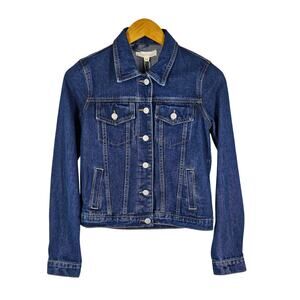 BRIT.NY WOMEN'S BLUE JEAN JACKET W/ SEWN ART CHAIN DESIGN PATCH ON BACK SIZE XS